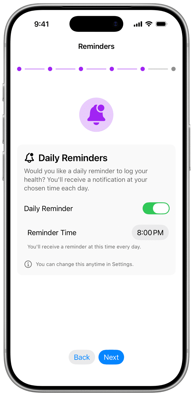 Daily reminder settings for building tracking habits