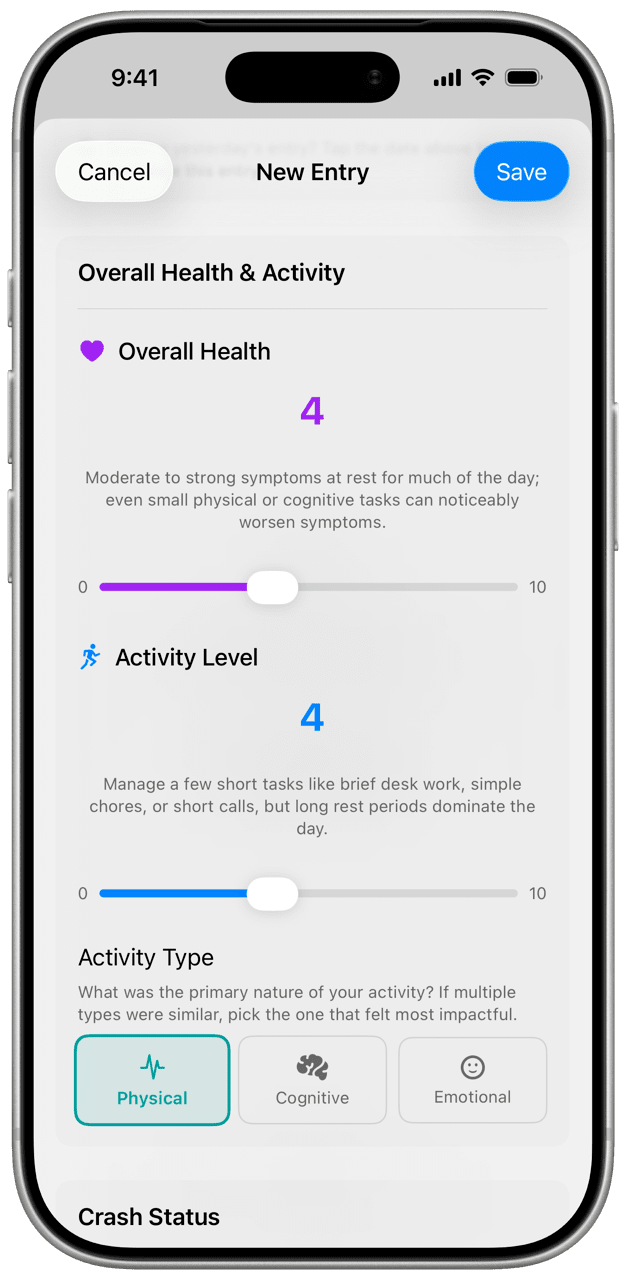 Health Entry form with health and activity sliders